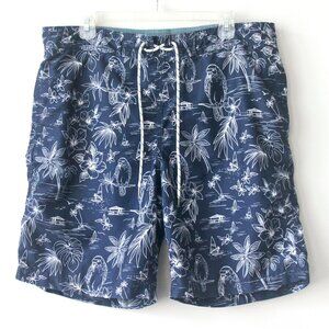Goodfellow & Co Navy Blue Tropical Pattern Swim Trunks Bottoms Pockets Large
